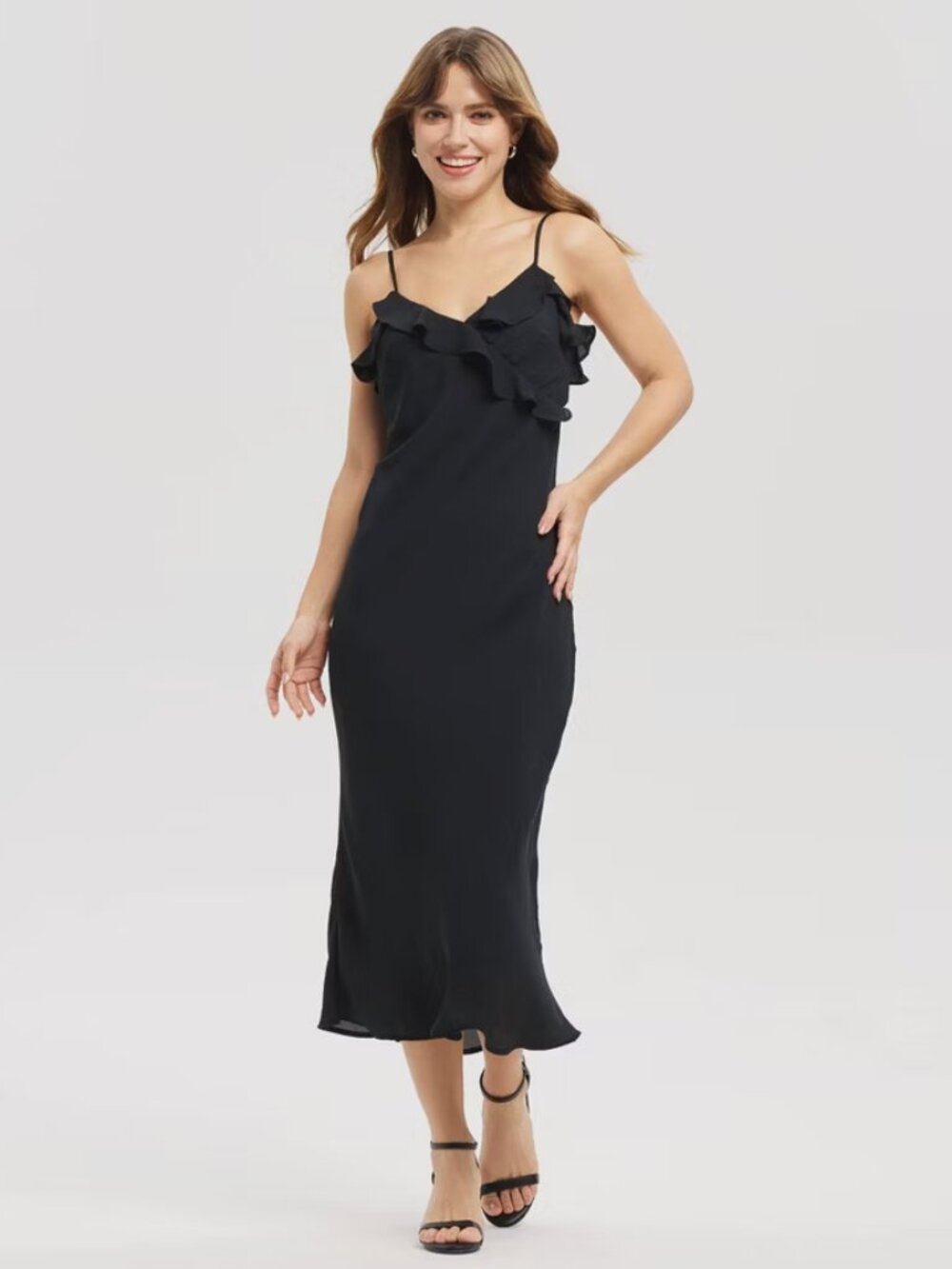 Women's Ruffle Hem Midi Slip Dress - A New Day Black S